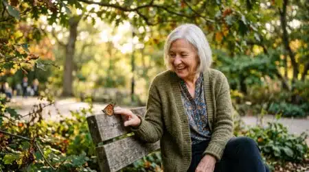 Femme senior émerveillée devant un papillon dans un parc