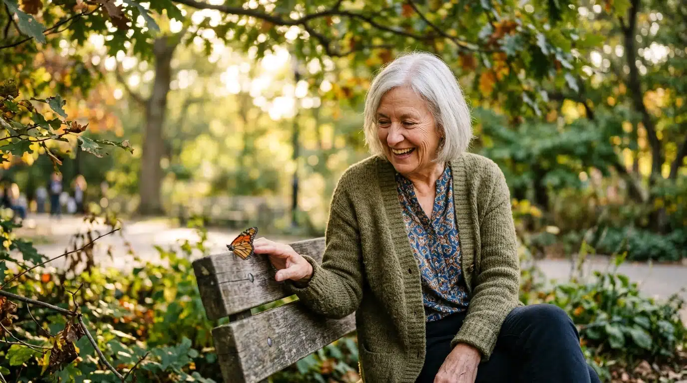 Femme senior émerveillée devant un papillon dans un parc