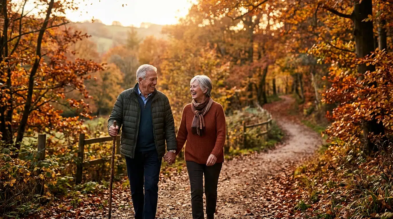Couple de seniors marchant dans la nature en automne
