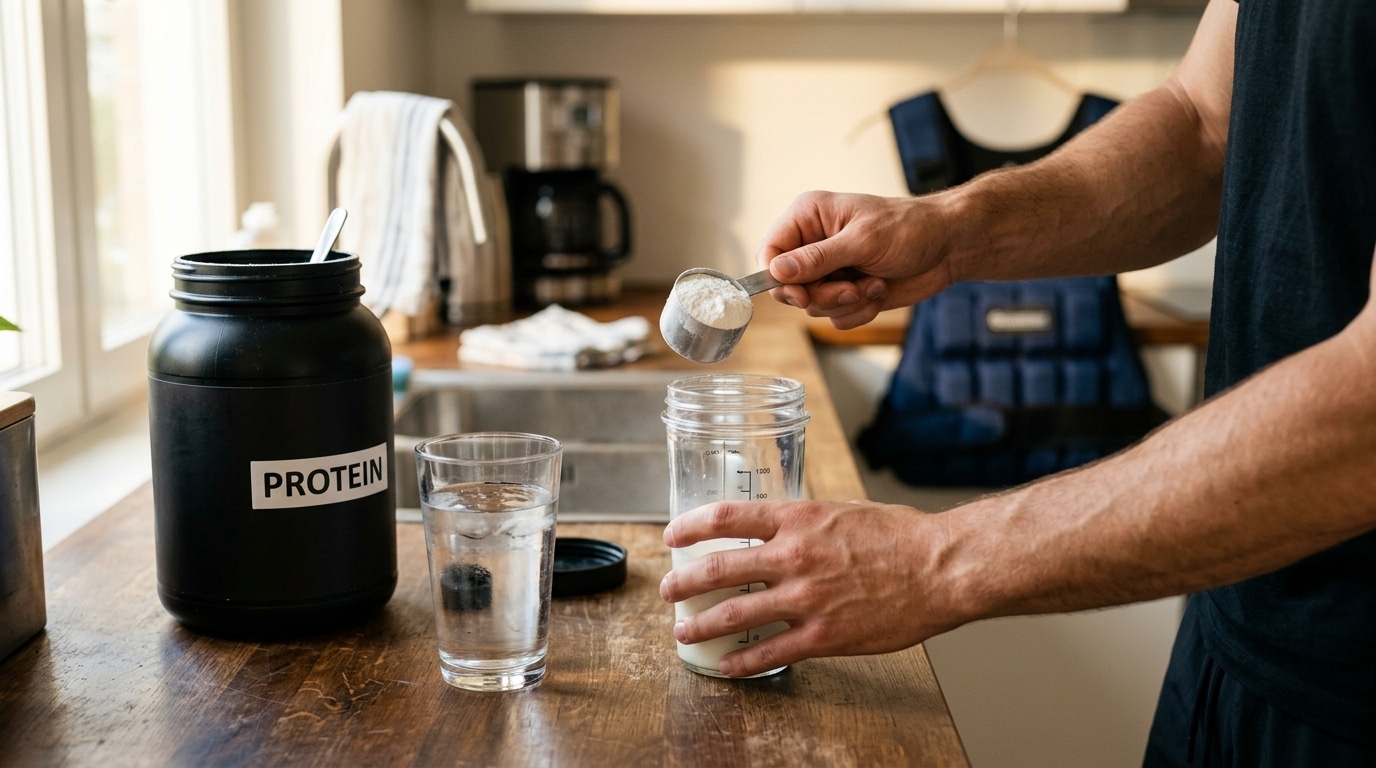 Shake protéiné et créatine préparés sur un comptoir