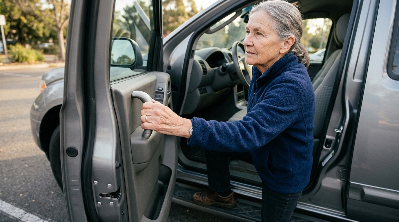 Main de senior montant dans un véhicule surélevé