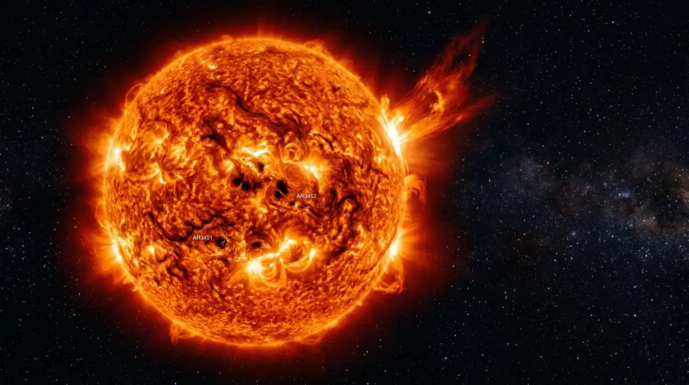 Surface du Soleil avec taches noires et éruption solaire