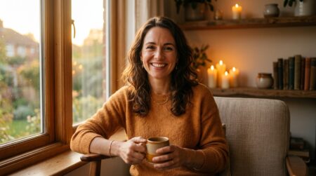 Femme souriante dans une ambiance dorée mystique