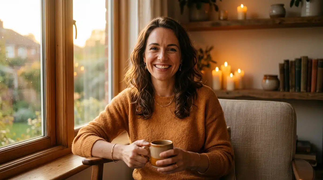Femme souriante dans une ambiance dorée mystique