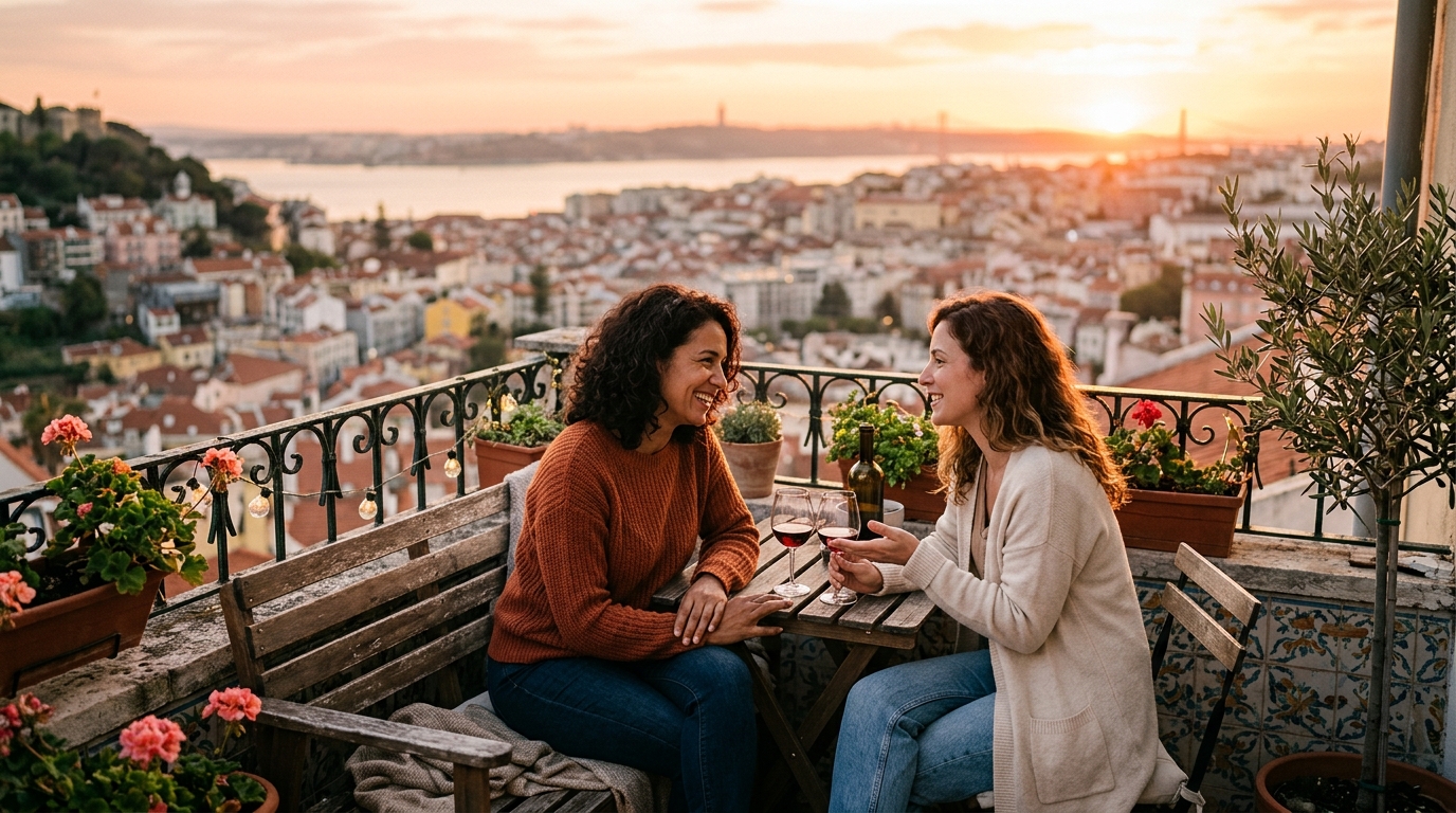 Deux personnes en conversation chaleureuse au coucher du soleil