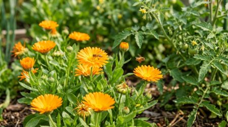 Fleurs orange de calendula avec abeille au jardin