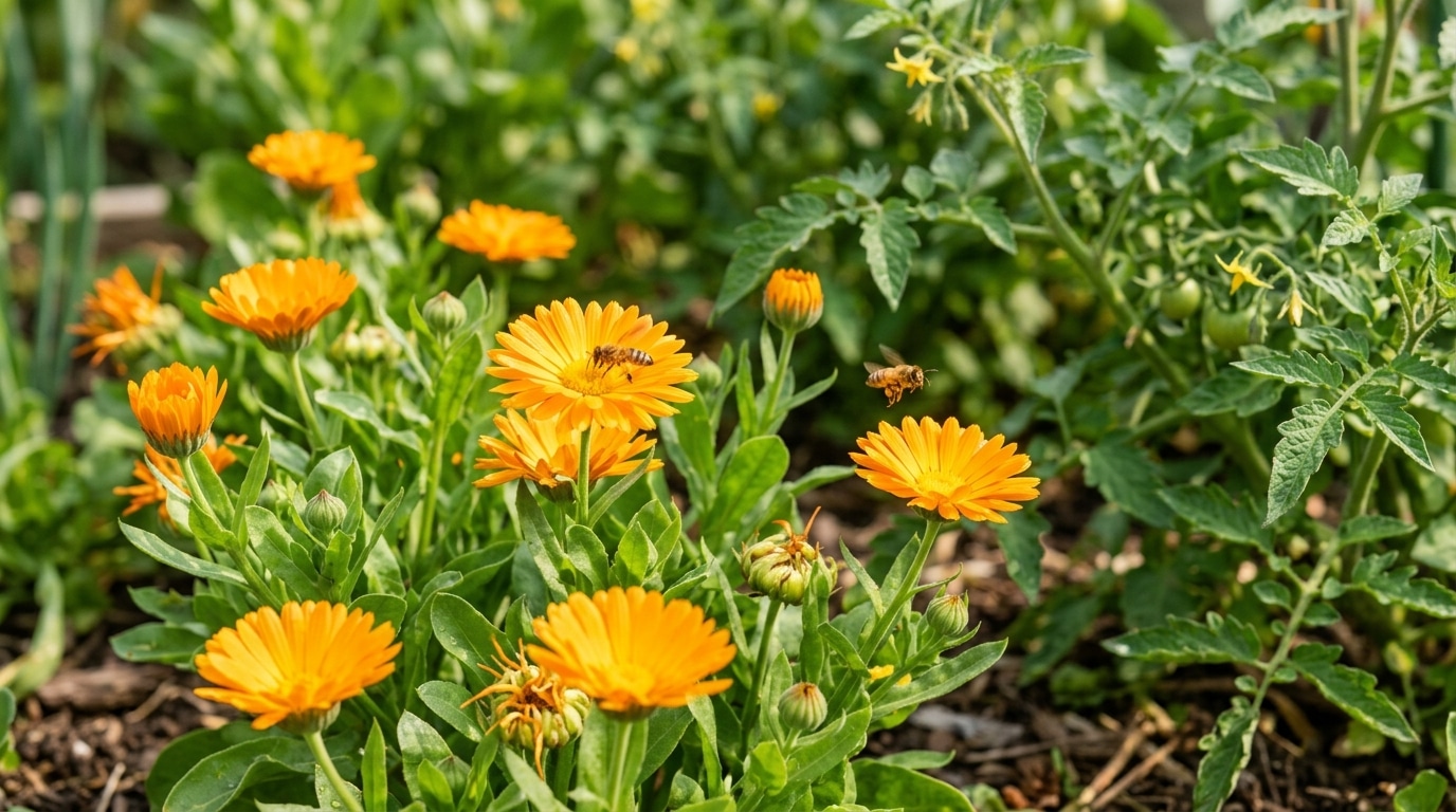 Fleurs orange de calendula avec abeille au jardin