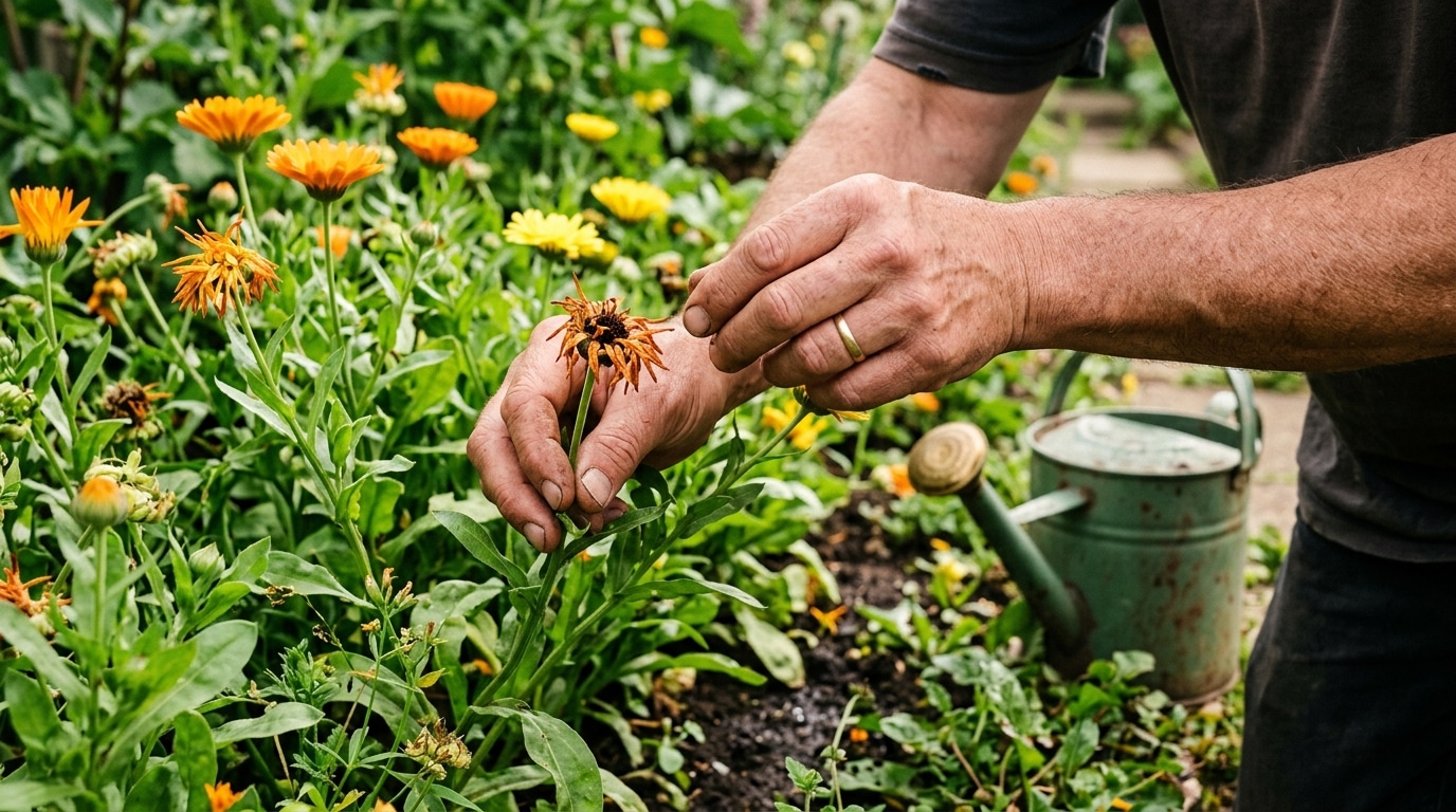 Mains retirant une fleur fanée de calendula