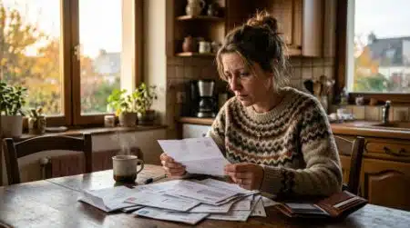Femme trie ses factures et courriers à la rentrée