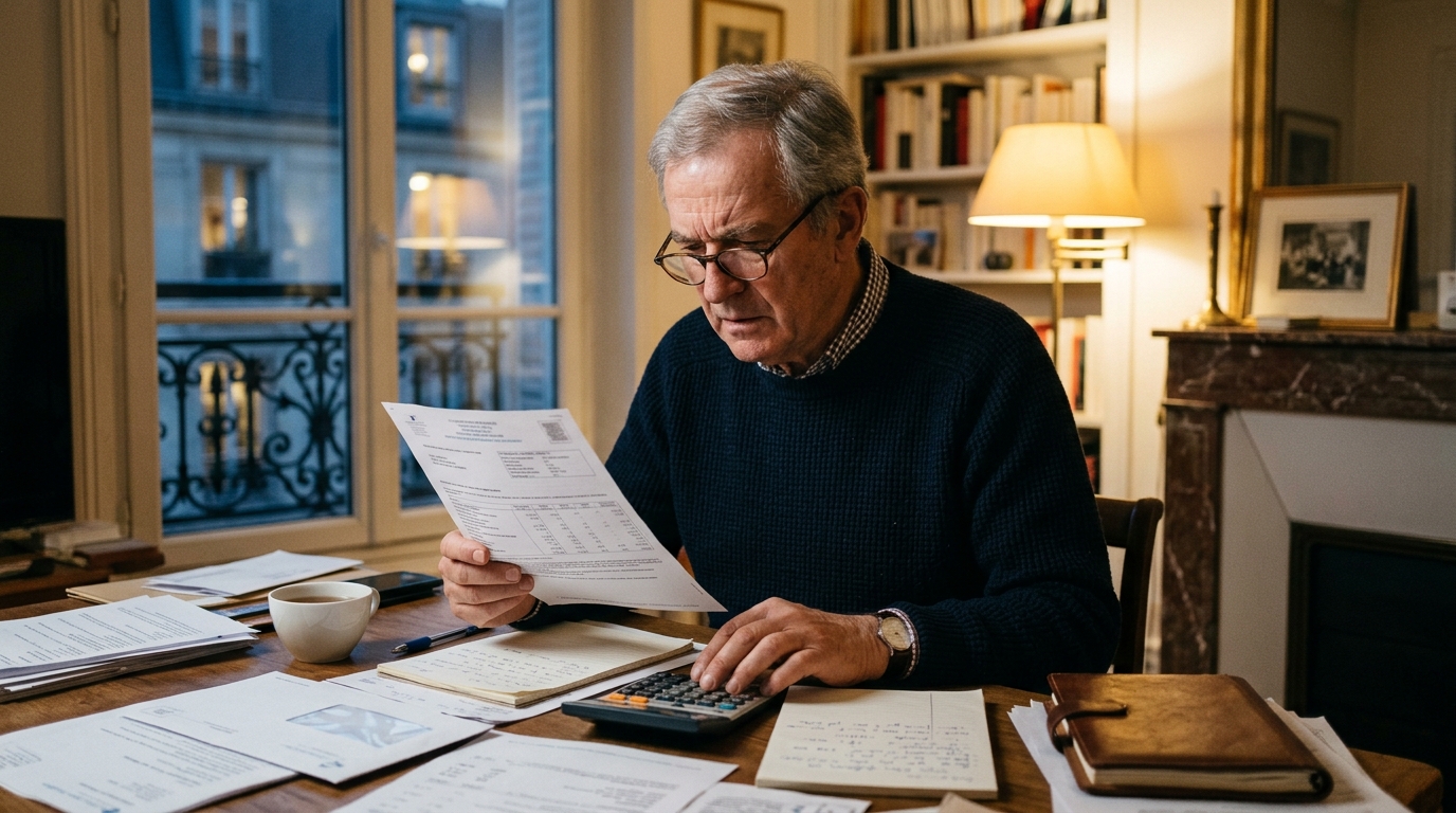 Homme consultant son avis de taxe foncière à la maison