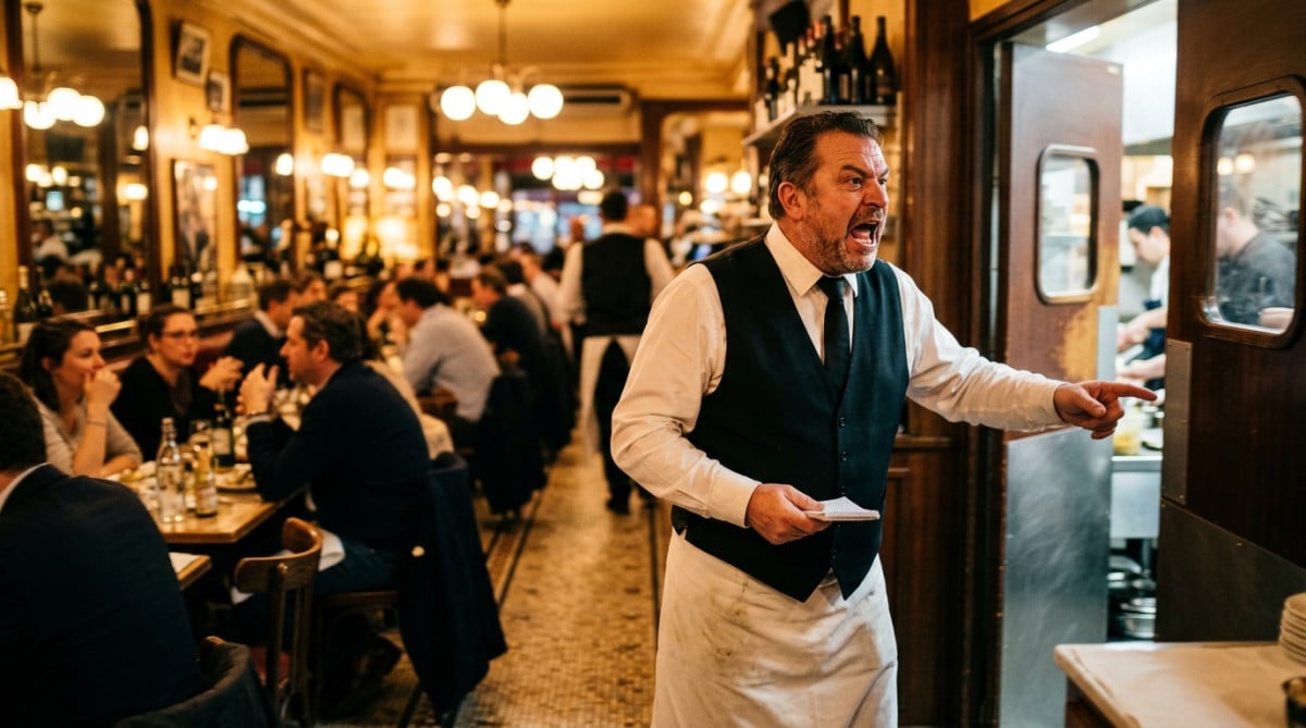 Serveur criant une commande vers la cuisine d'une brasserie