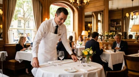 Serveur dressant une nappe blanche dans un restaurant français