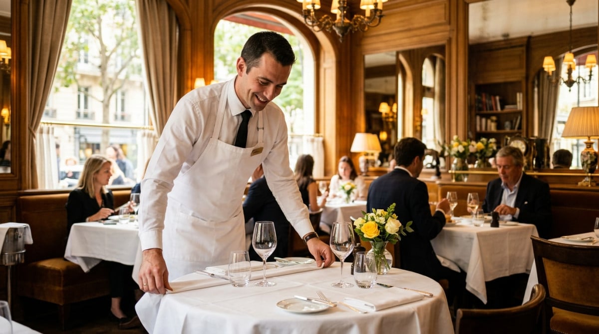 Serveur dressant une nappe blanche dans un restaurant français