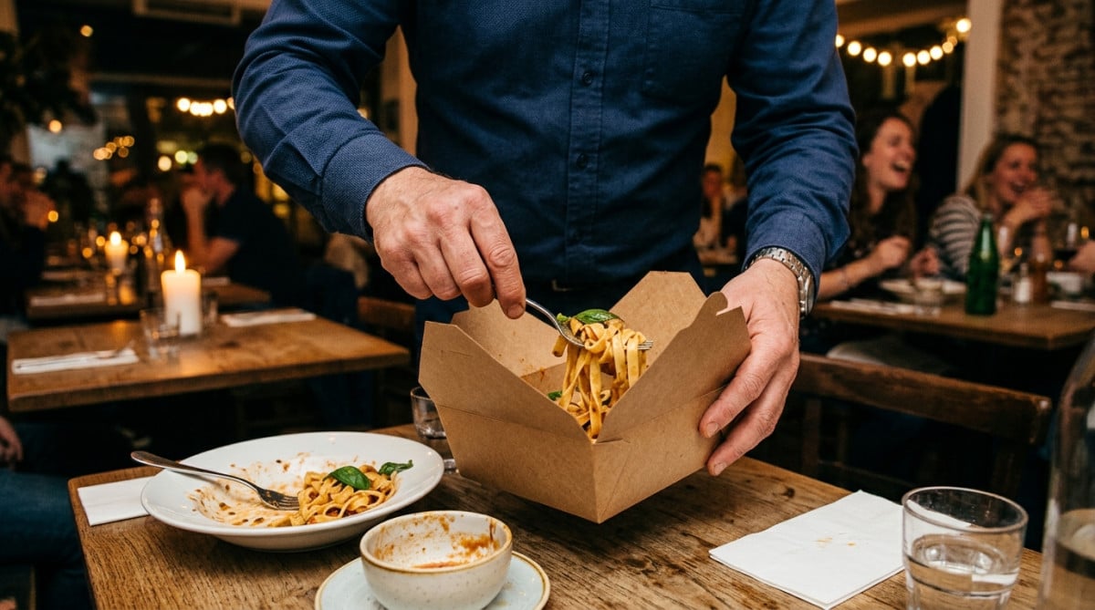 Serveur emballant des restes dans un contenant recyclable