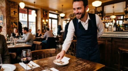 Serveur souriant recevant un pourboire au restaurant