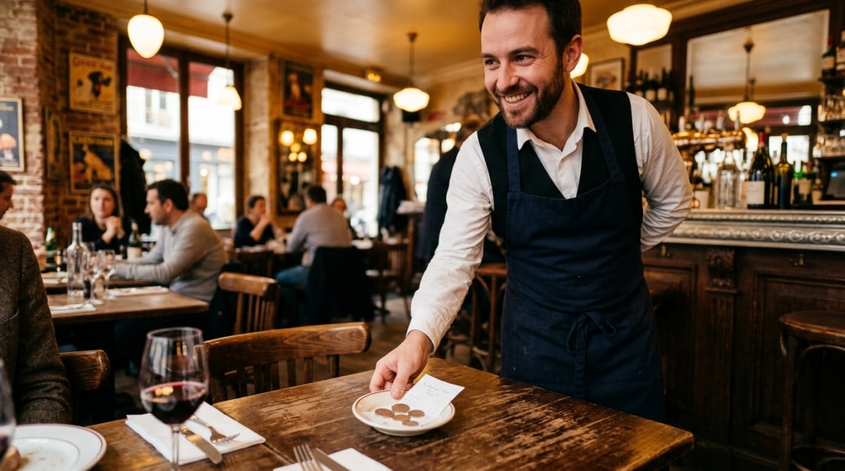 Serveur souriant recevant un pourboire au restaurant
