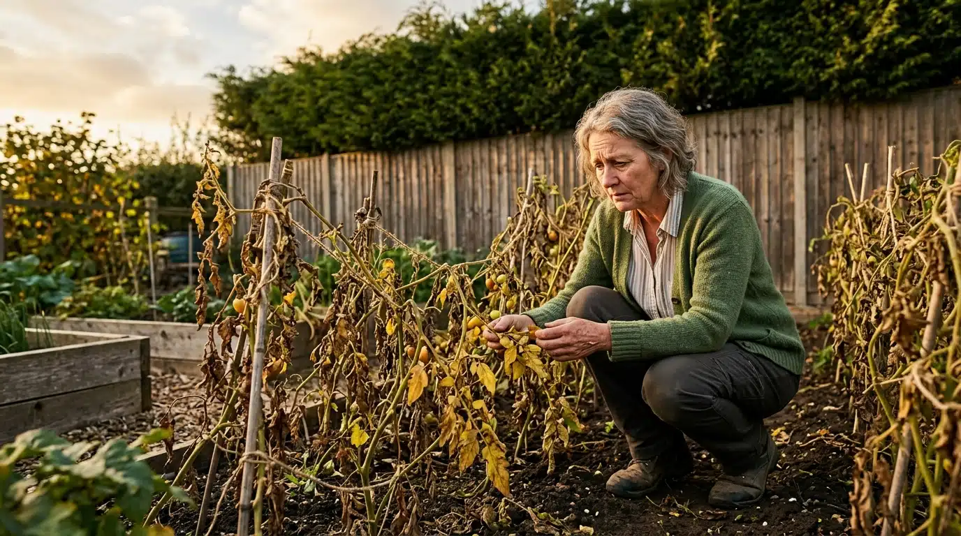 Femme désolée devant des plants de tomates fanés au jardin