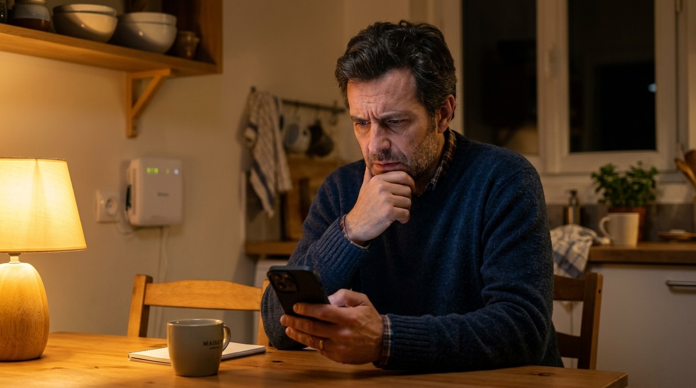 Homme inquiet consultant son smartphone après le piratage SFR