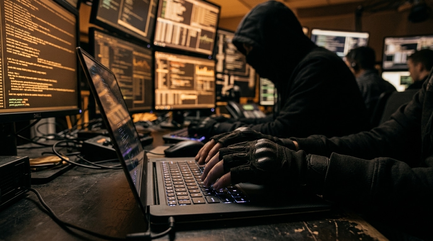 Pirate informatique travaillant sur plusieurs écrans dans la pénombre