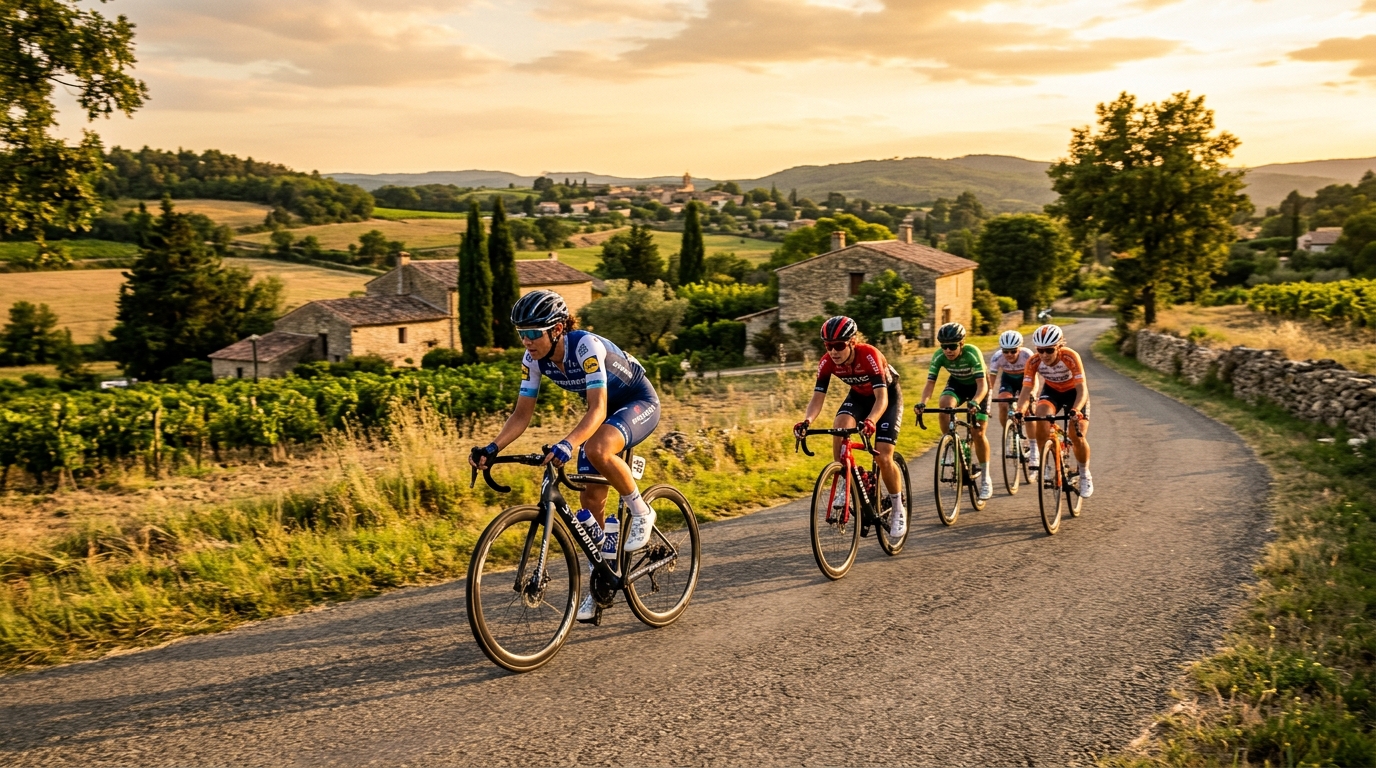 Groupe de cyclistes en échappée sur route de campagne