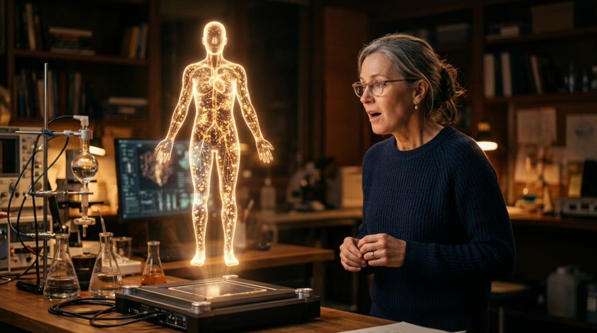 Silhouette humaine lumineuse représentant des milliards de cellules