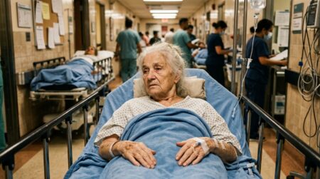 Femme âgée allongée sur un brancard d'hôpital