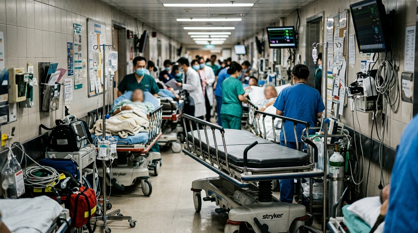 Couloir d'urgences hospitalières encombré de brancards