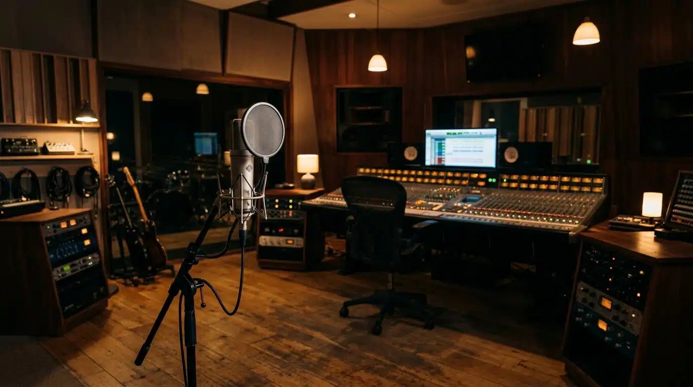 Studio d'enregistrement vide avec micro et console lumineuse