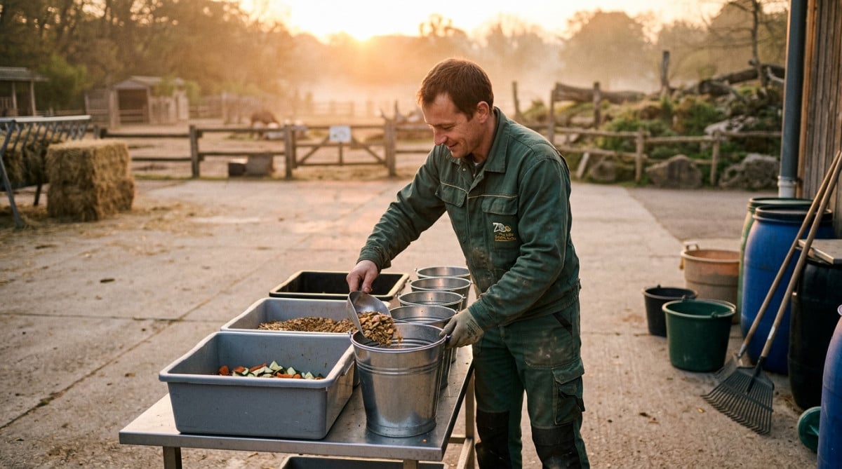 Soigneur animalier préparant les rations au zoo