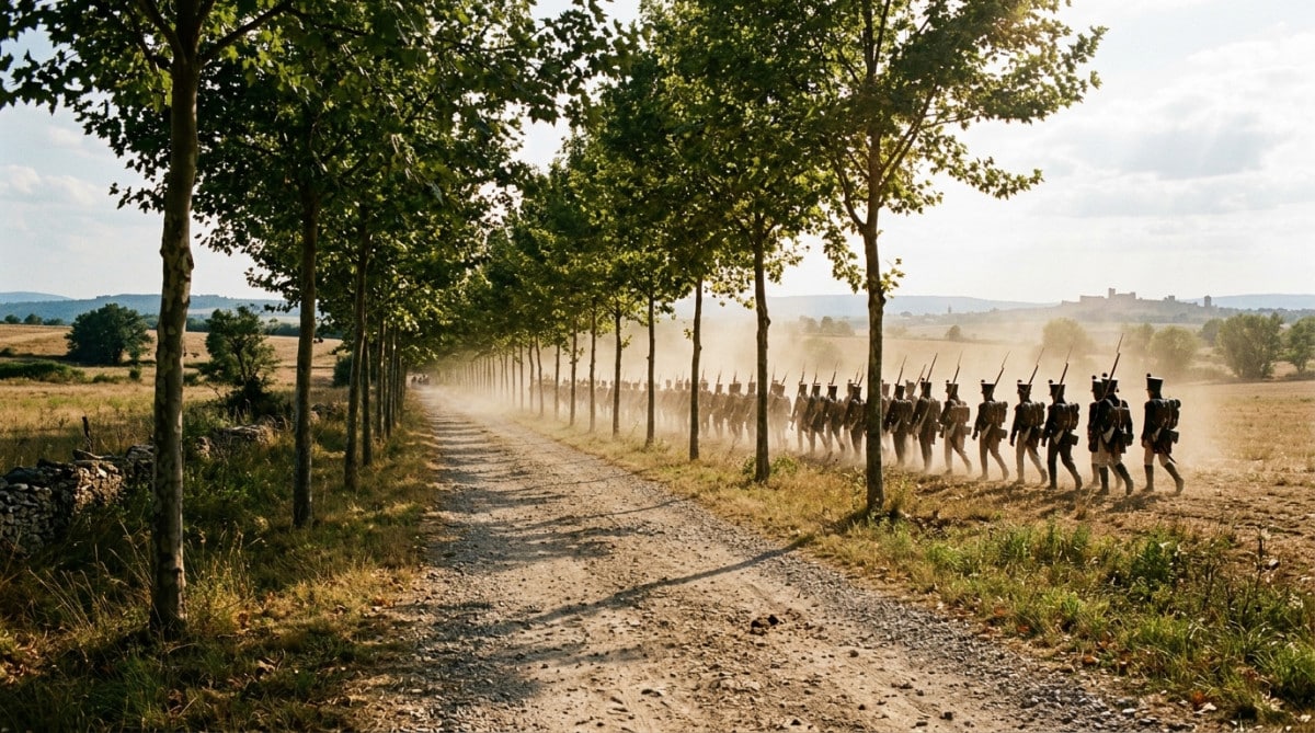 Soldats napoléoniens marchant à l'ombre des platanes plantés