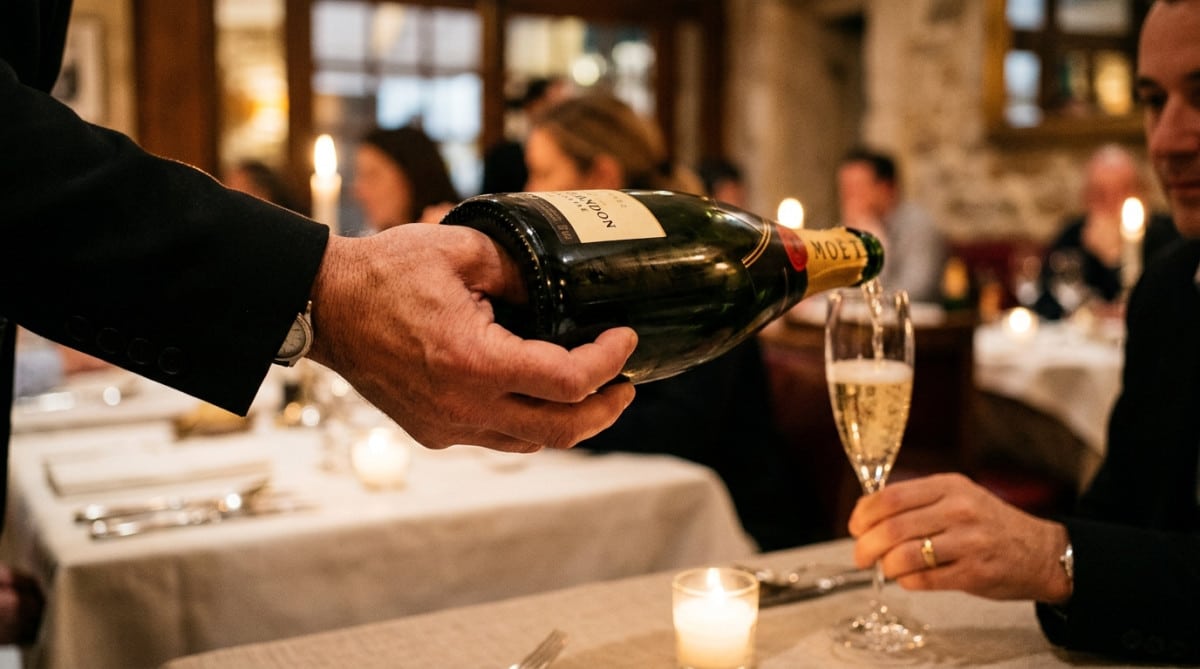 Sommelier tenant une bouteille par son creux au fond