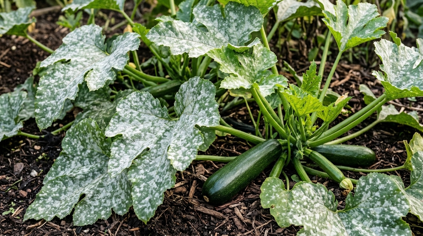 Gros plan sur feuilles de courgette atteintes d'oïdium