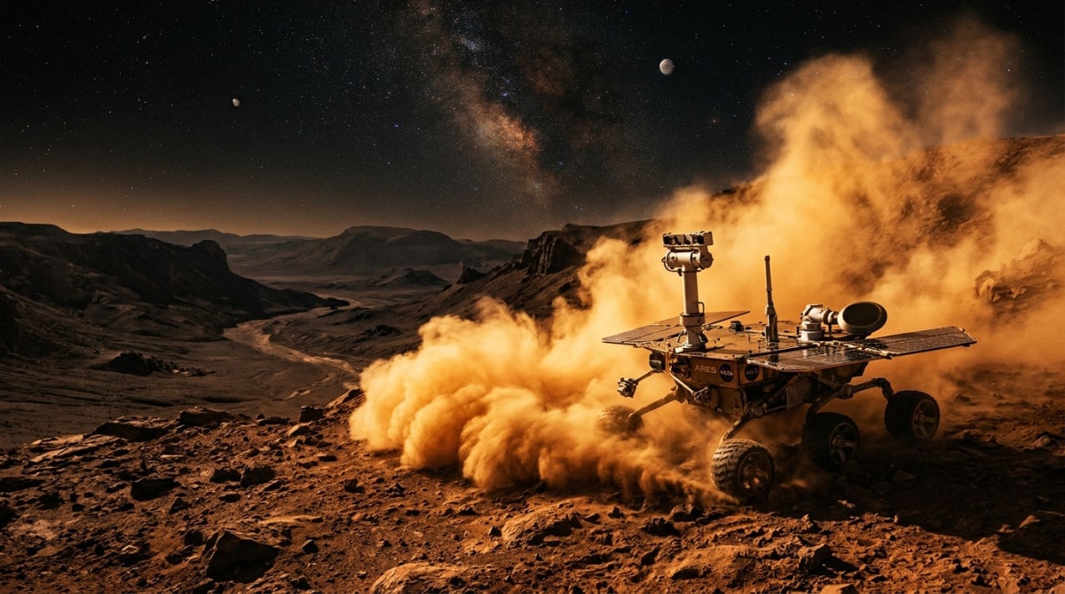 Sonde spatiale Curiosity se posant sur la planète Mars