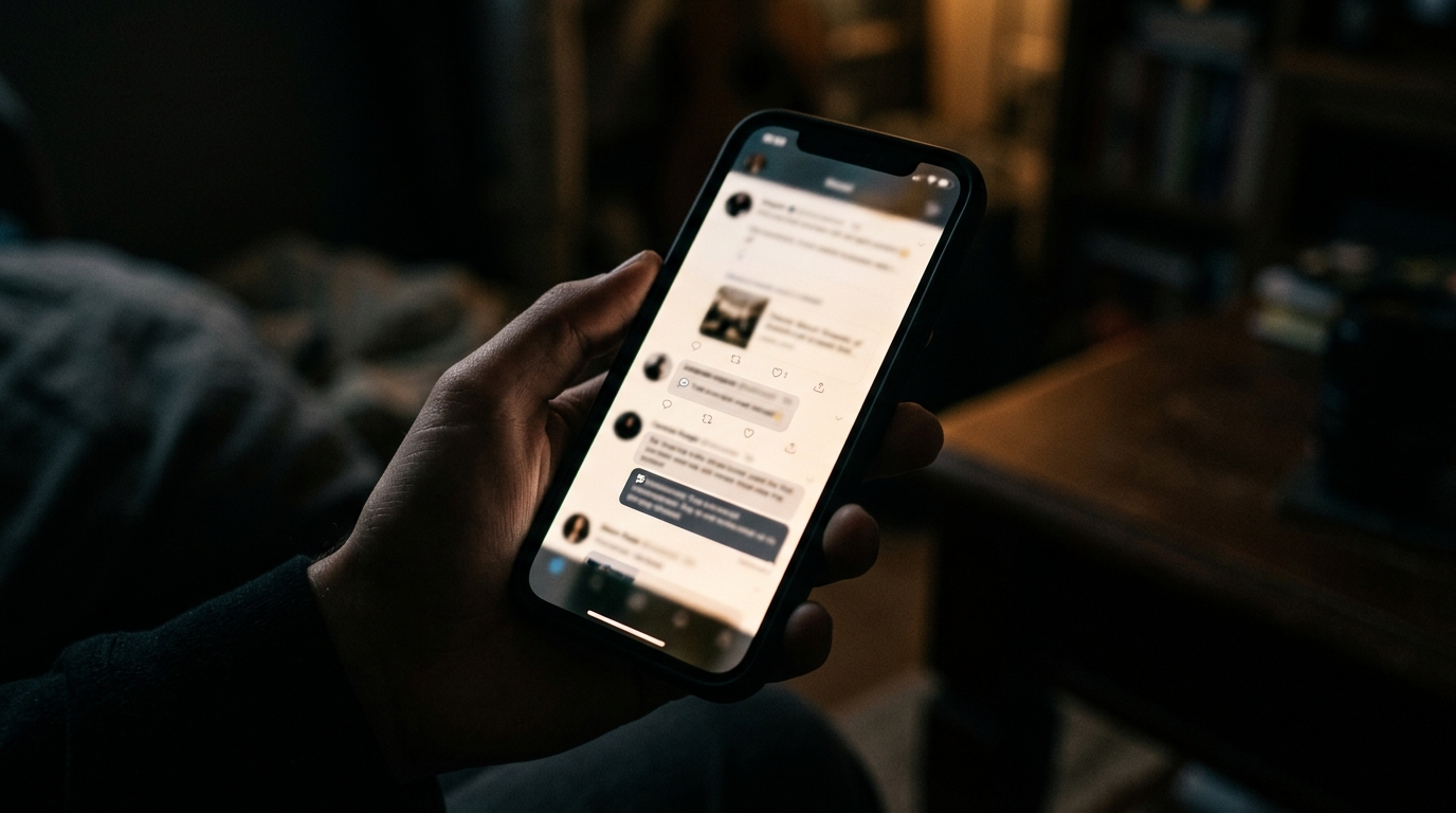 Smartphone éclairé dans l'obscurité, réseaux sociaux flous