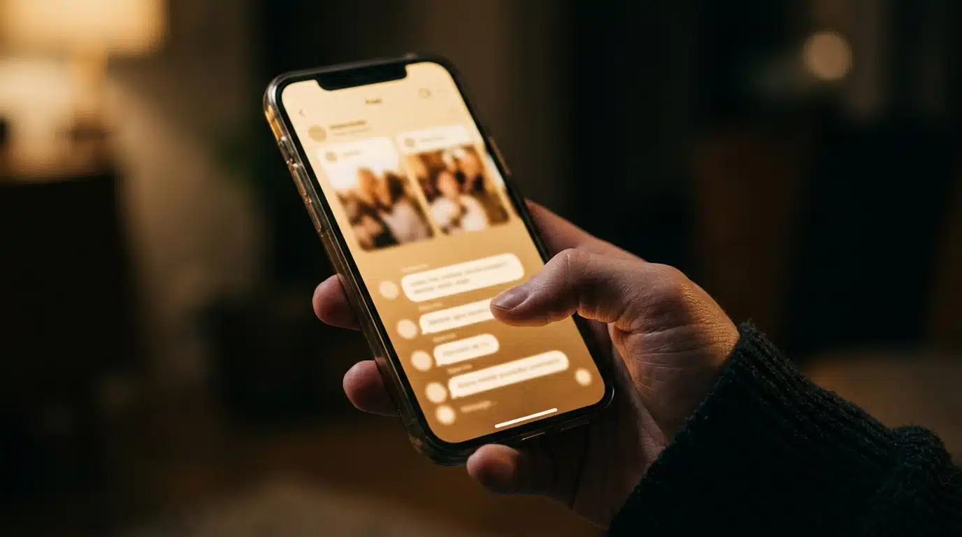 Main tenant un smartphone avec réseaux sociaux