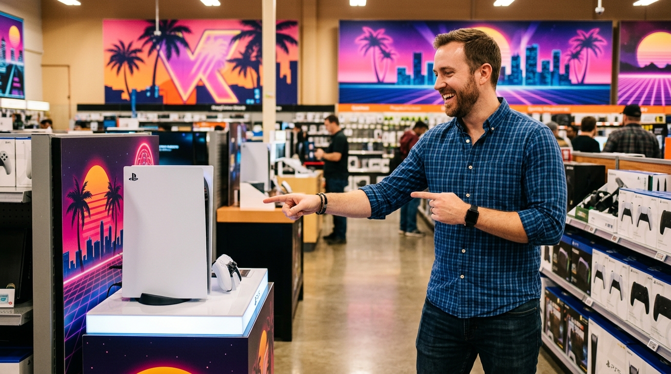 Homme pointant du doigt une console PS5 dans un magasin