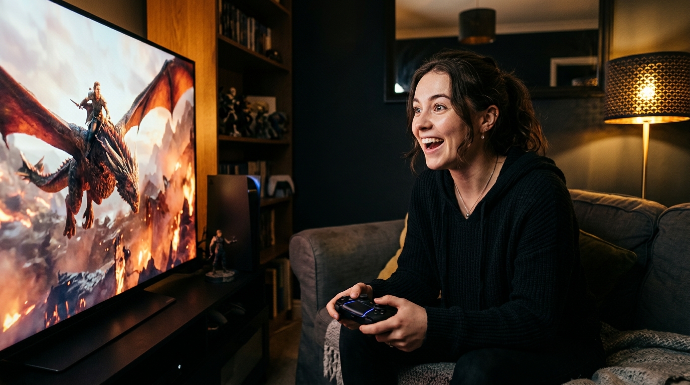 Femme surprise en train de regarder une bande-annonce de jeu vidéo