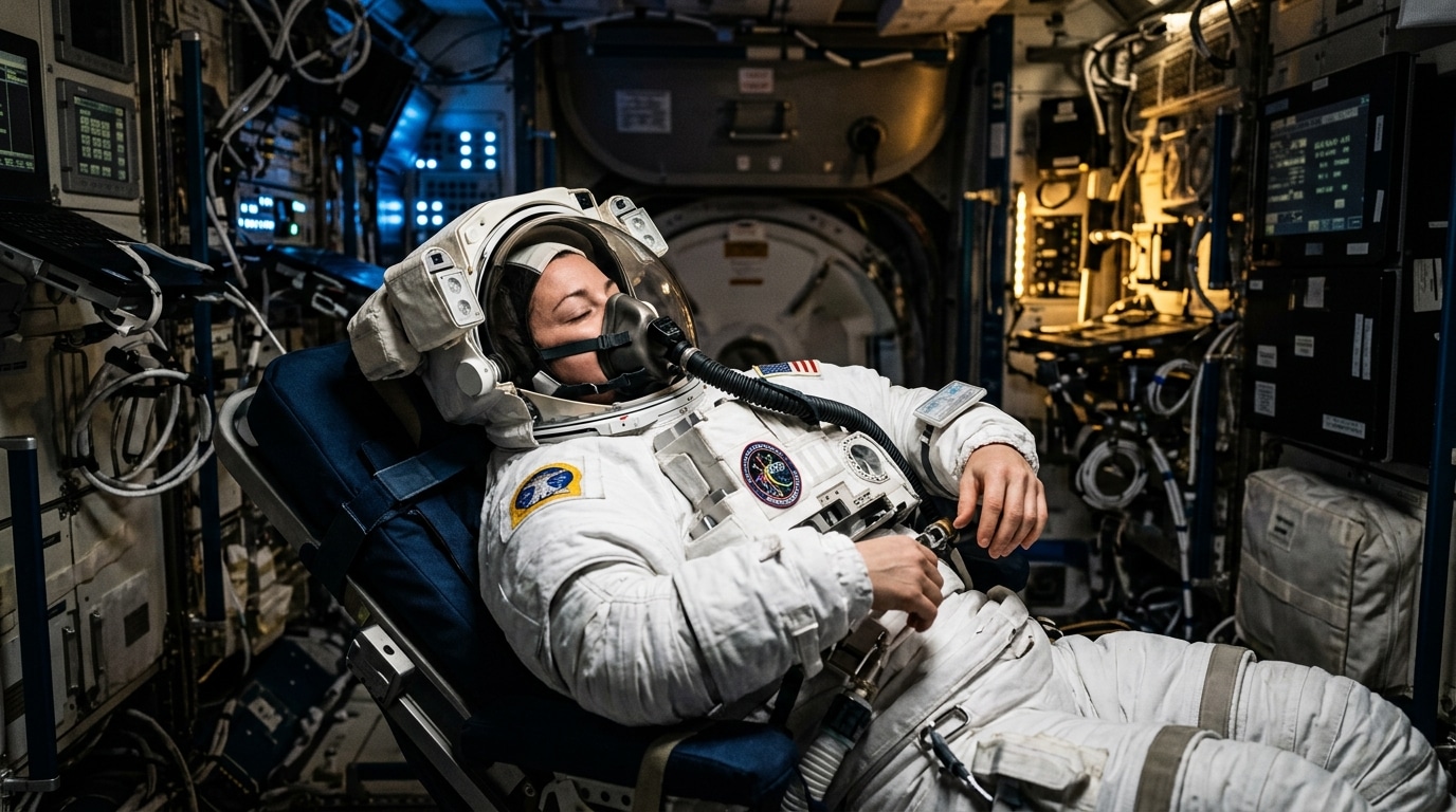 Astronaute respirant de l'oxygène pur avant une sortie spatiale