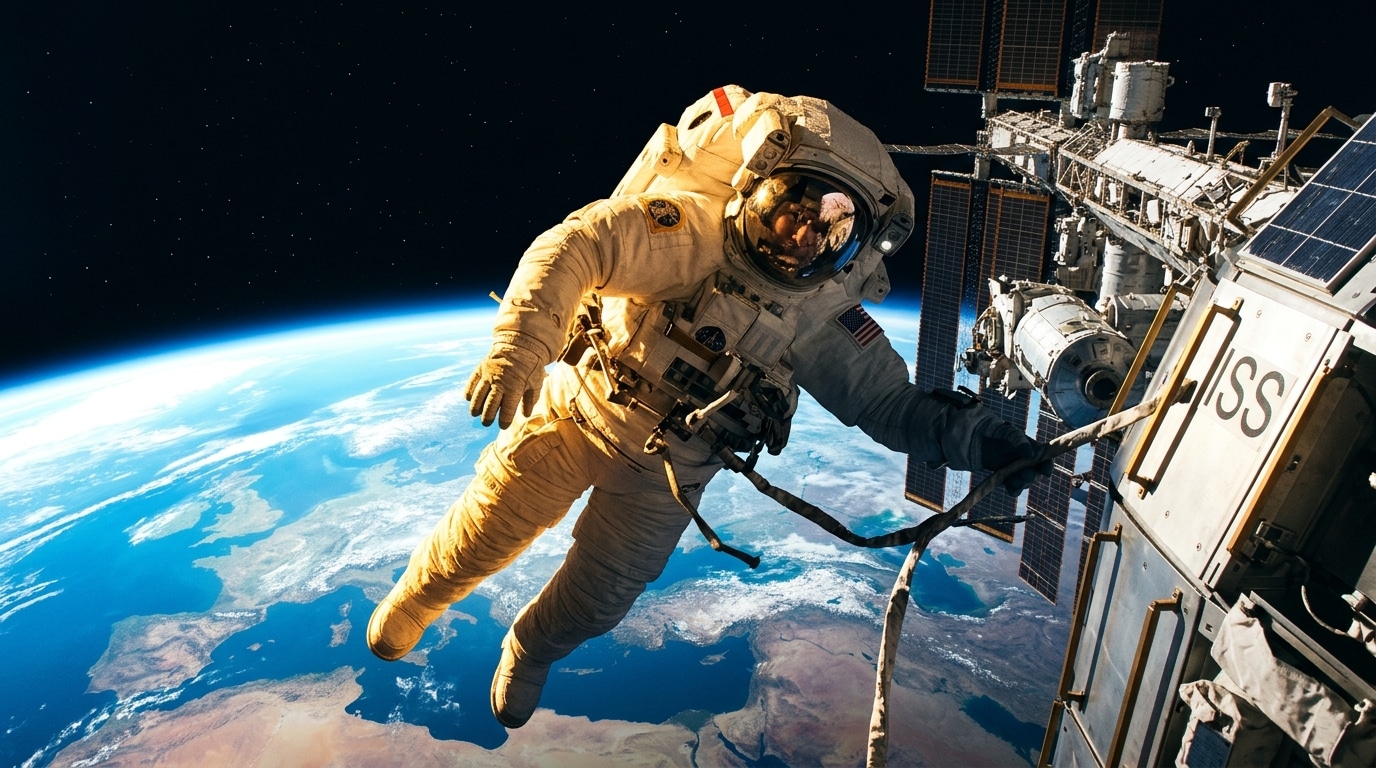 Astronaute dans le vide spatial entre soleil et ombre extrême