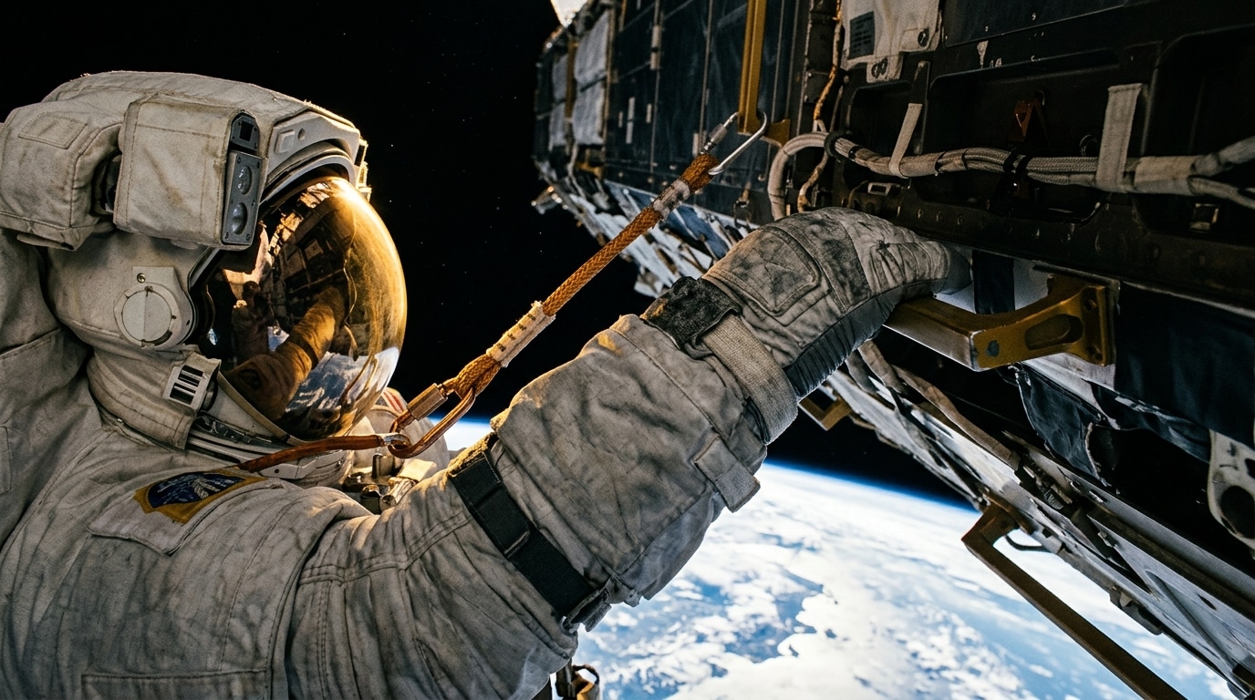 Astronaute agrippé à la station avec la Terre en arrière-plan