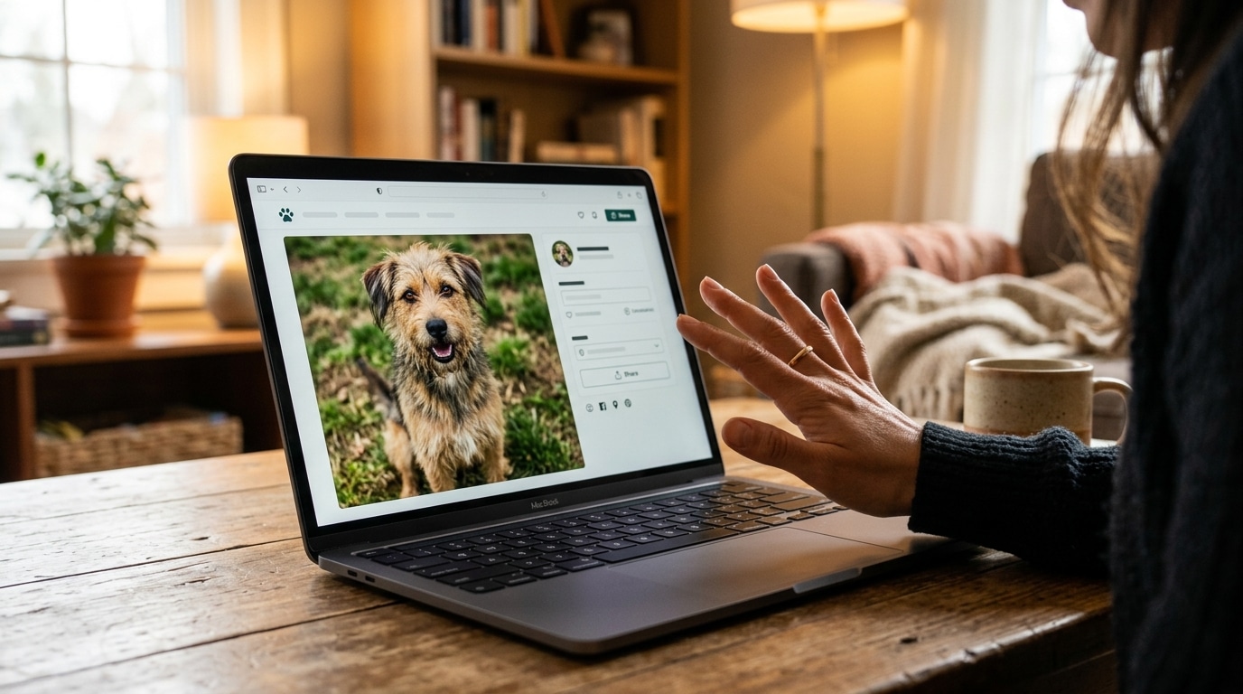 Femme découvrant la photo de sa chienne en ligne