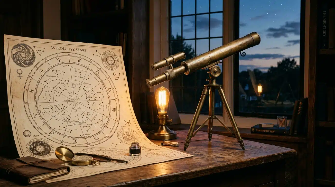 Télescope ancien et carte astrologique sur un bureau