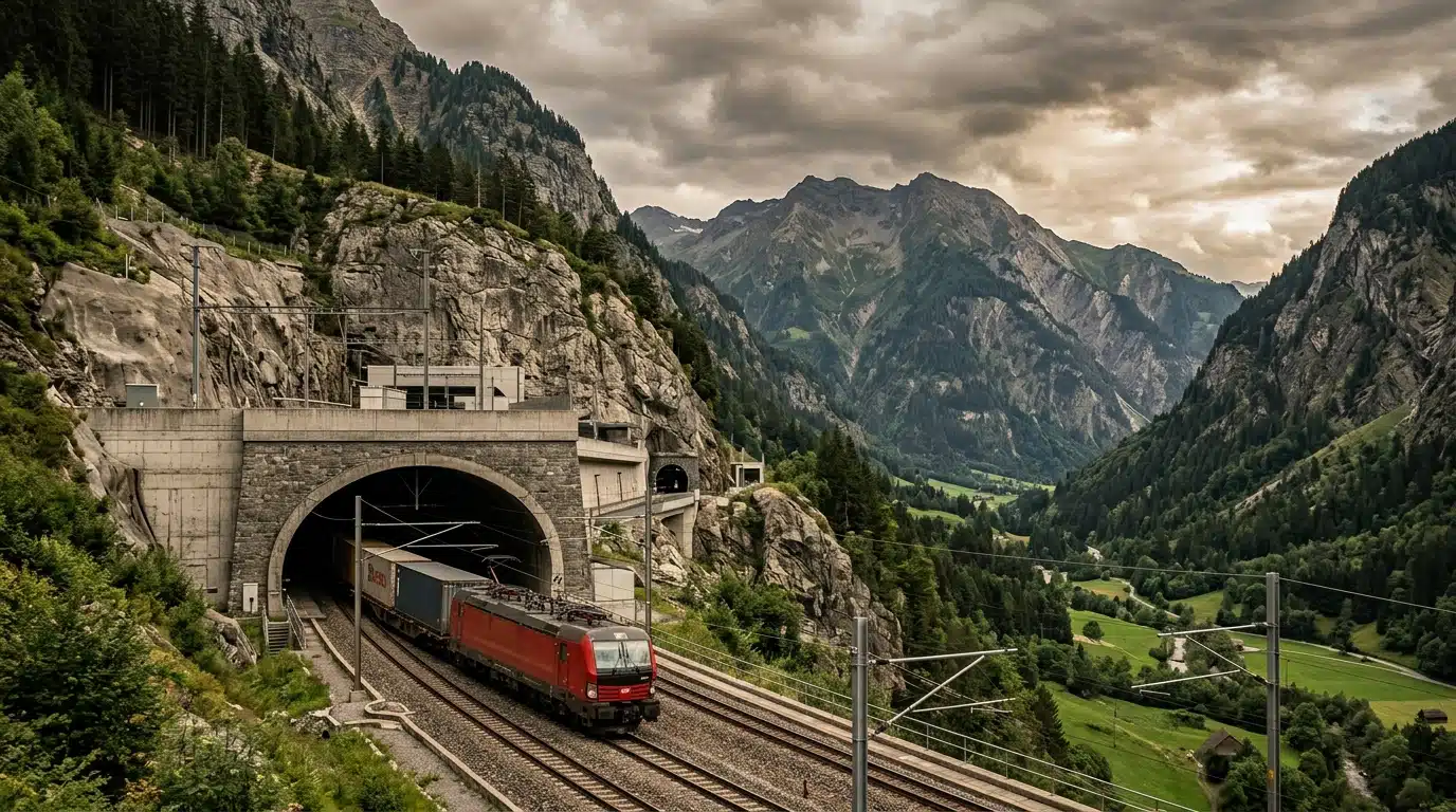 Entrée du tunnel ferroviaire alpin avec train de fret
