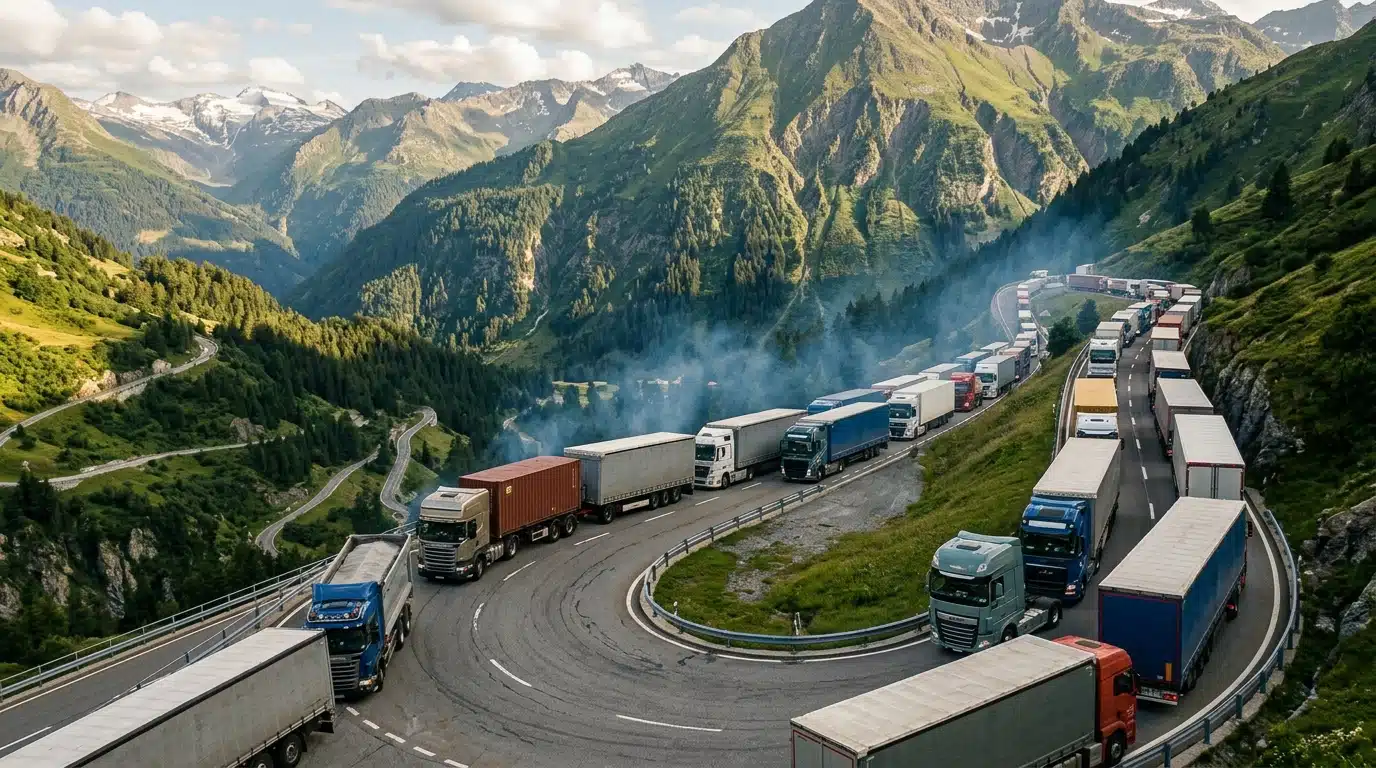 File de camions sur une route de montagne alpine