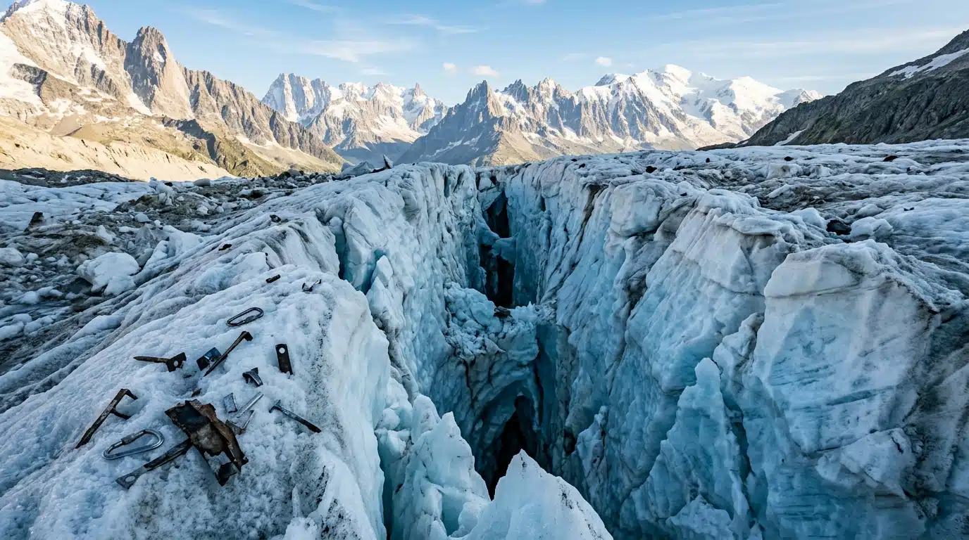 Crevasse glaciaire avec débris métalliques enfouis dans la glace
