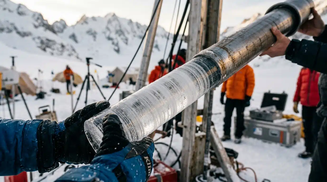Carotte de glace extraite montrant des couches stratifiées