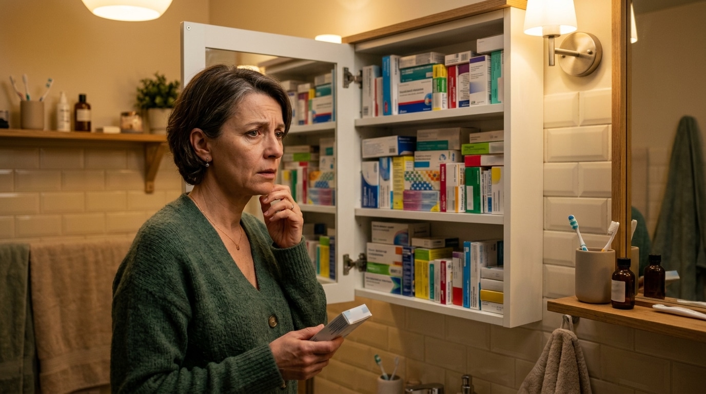 Femme inquiète devant une armoire à pharmacie ouverte