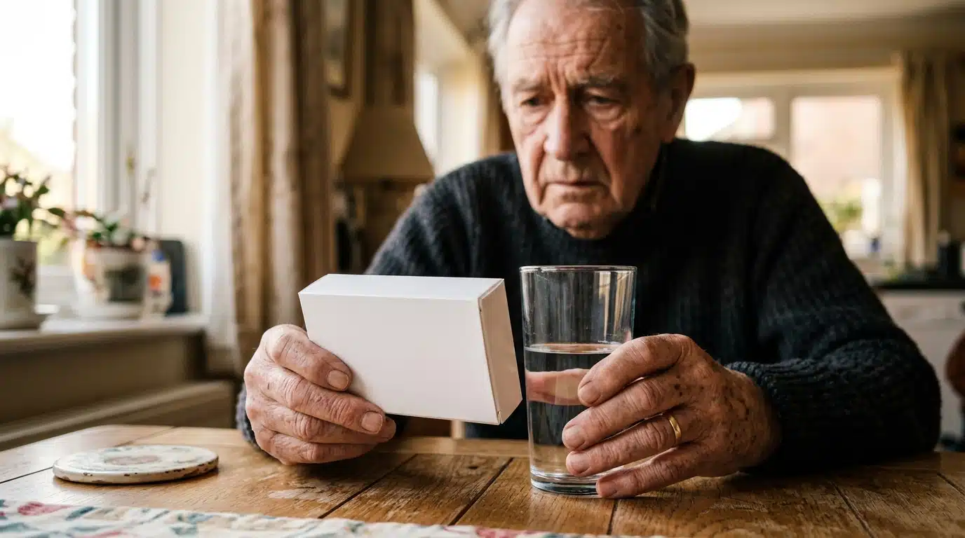 Homme âgé tenant une boîte de médicaments à table