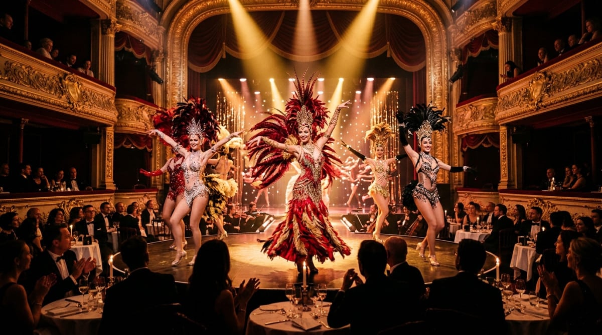 Spectacle de cabaret moderne aux costumes à plumes dorées