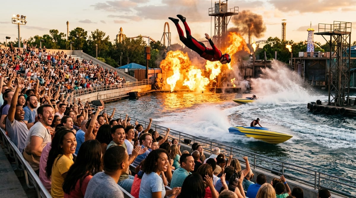 Spectateurs émerveillés devant le show Waterworld au parc